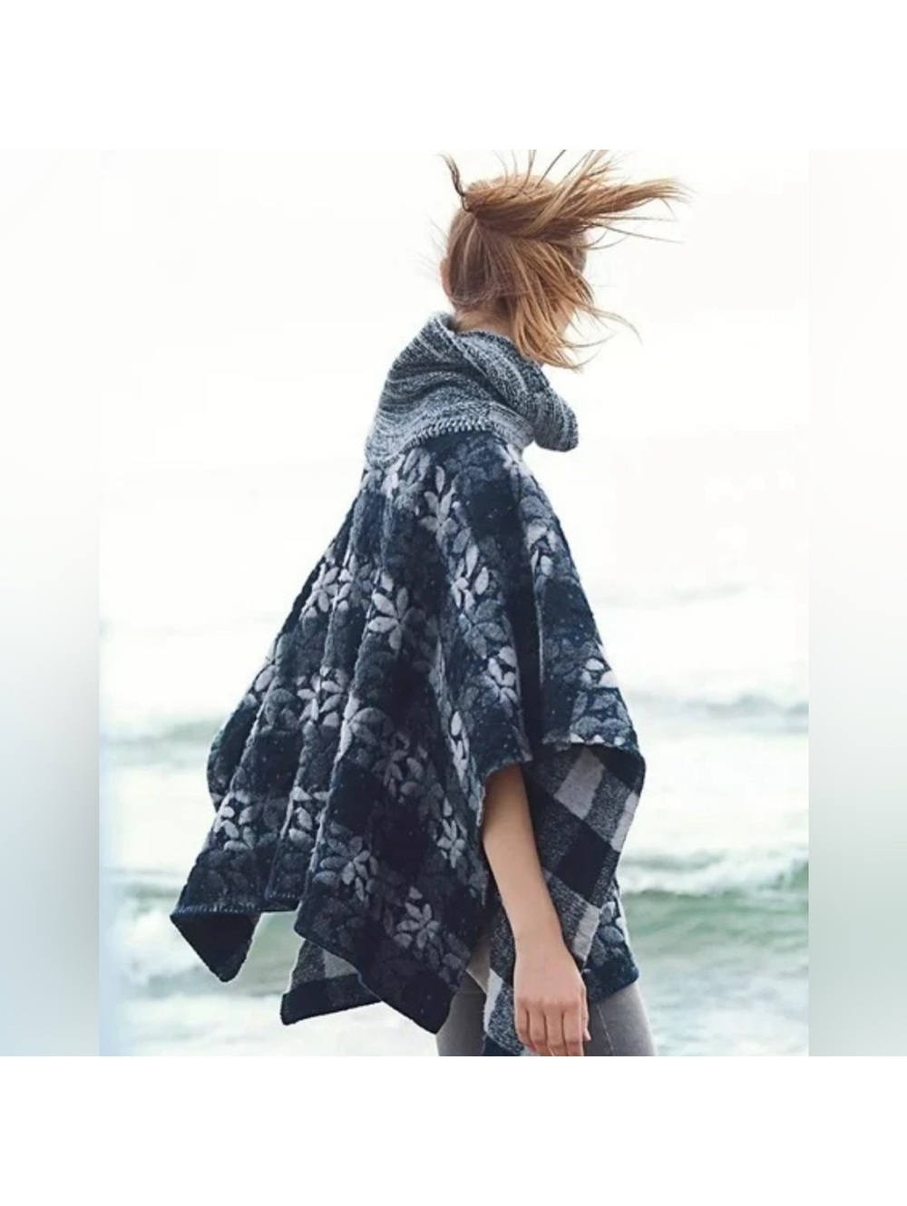 Anthropologie Wintertide Cowl Neck Reversible Wool Poncho Sweater